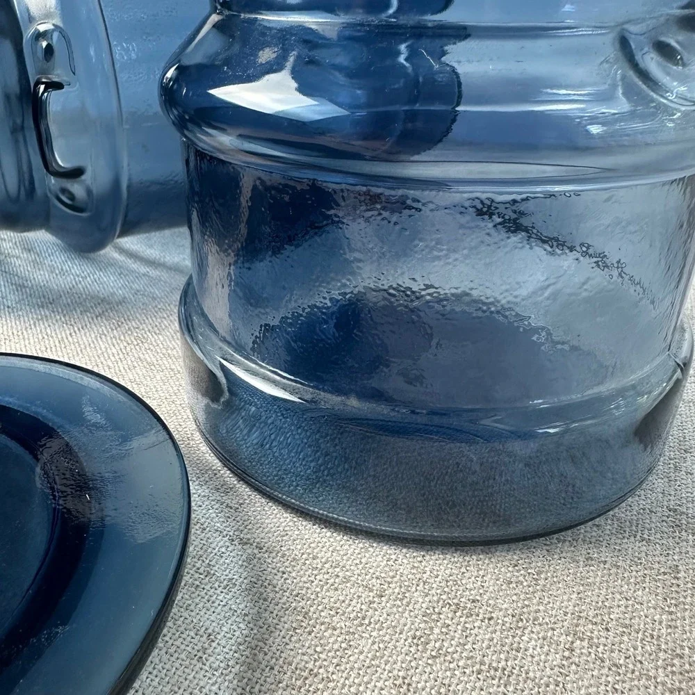 Vintage Cobalt Blue Glass Canister Set of 2 Handled Lids Kitchen Storage Jars